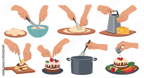 Series of illustrations showing hands performing various cooking tasks like whisking, grating, and decorating food.