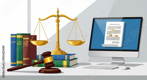 Law books gavel and computer on desk in office setting with justice scale