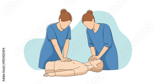 Illustration of two individuals practicing CPR and life-saving techniques on a medical training mannequin.