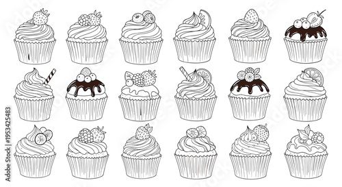 Collection of detailed black and white cupcake illustrations with various toppings like berries, cream, and chocolate.