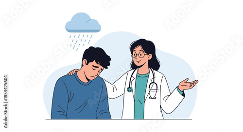Compassionate scene of a female doctor comforting a sad and depressed male patient under a rain cloud.