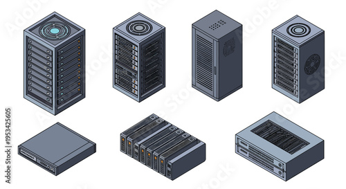 Isometric icons of various server and network equipment including rack servers, storage units, and hardware.