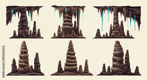Set of cave interior landscape elements with brown rocky stalactites and stalagmites featuring blue glowing icicles or water drips.