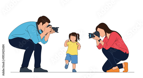 Professional or hobbyist photographer parents crouched down taking pictures of their small daughter walking towards them in a studio.