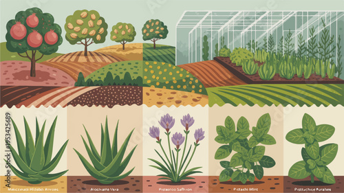 Farming landscape illustration: orchards, fields, and plant growth stages with aloe vera and mint, food production