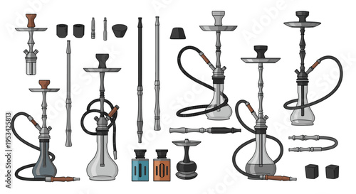 Large set of hookah or shisha pipes in different styles and sizes along with smoking accessories like bowls, hoses, and charcoal.