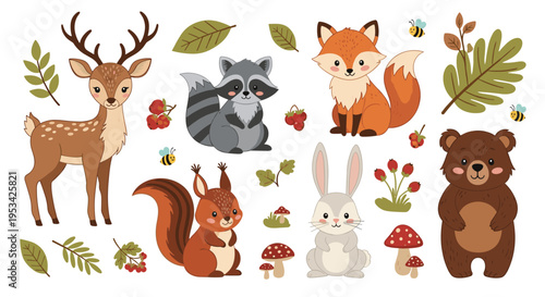 Set of adorable woodland animals including a deer, raccoon, fox, squirrel, rabbit, and bear surrounded by mushrooms, leaves, and berries.