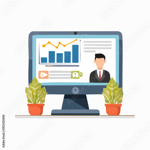 Online business communication and data analysis presented on a desktop monitor, featuring a professional video call and insightful charts, ideal for digital learning environments