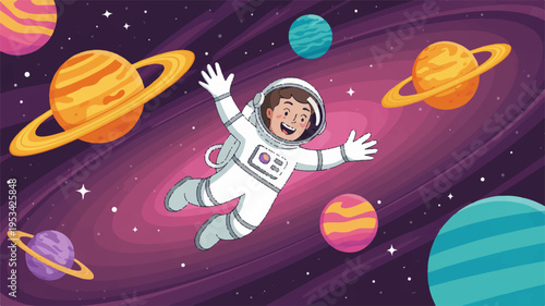 Astronaut floats in space with planets and stars feeling joyful and free in a whimsical cartoon scene