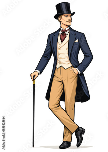 074-16-Victorian dandy gentleman standing confidently, wearing formal tailored clothing and holding a cane