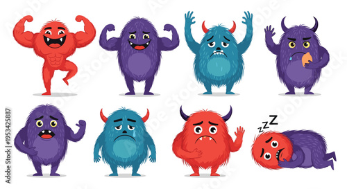 Set of cute and funny furry monsters in red, purple, and blue expressing various emotions like strength, sadness, and tiredness.