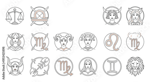 Artistic set of zodiac signs featuring feminine faces incorporated with celestial symbols like Libra, Leo, and Virgo in line art style.