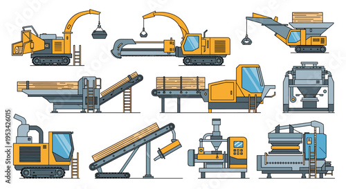 Set of heavy industrial machinery and factory equipment used for construction, mining, and material processing in line art style.