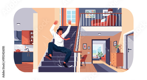 Alarmed businessman in a white shirt and tie losing his balance and falling down a staircase inside a modern house.