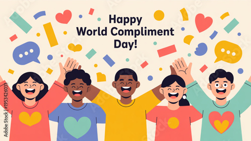 Diverse group of people celebrating world compliment day with colorful confetti and hearts
