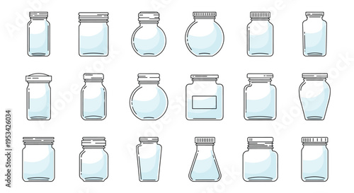 Comprehensive collection of empty clear glass jars and bottles with various lids and shapes for storage and packaging.