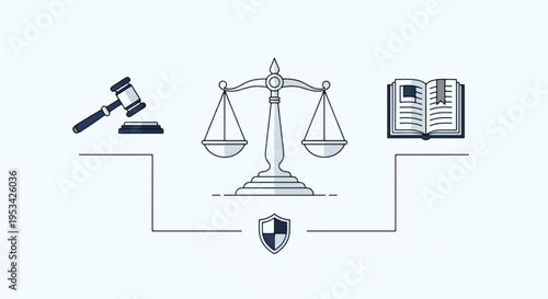 Justice and law concept with gavel scales book and shield on a line symbolizing balance and legal process