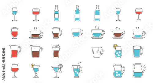 Large collection of beverage icons including wine glasses, beer mugs, coffee cups, tea pots, and cocktail glasses in line art.