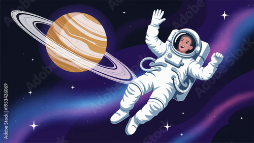 Astronaut floating in space with vibrant planet and rings stars and colorful nebula background