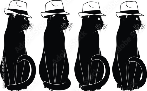 Four black cat silhouettes wearing white fedora hats in sitting poses perfect for mystery detective noir and vintage jazz designs
