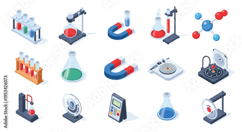 Collection of isometric laboratory equipment including test tubes, flasks, magnets, molecule models, and scientific measuring devices.