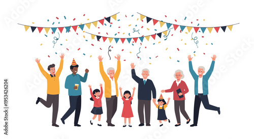 Happy diverse family members and children celebrating together with arms raised under festive party bunting and falling colorful confetti.