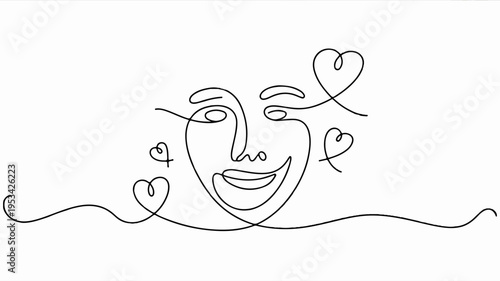 A minimalist continuous line drawing features a smiling face with hearts conveying happiness and love in a simple elegant design on a white background