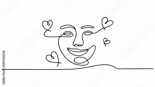 A minimalist continuous line art drawing of a smiling face with hearts floating around it on a white background conveying happiness and love in a simple yet expressive style