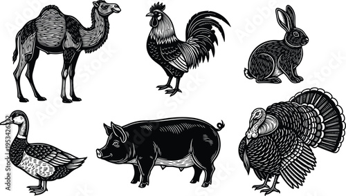 Collection of black linocut style farm animals and birds including camel rooster pig turkey goose and rabbit in vintage engraving