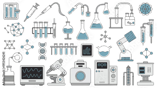 Science lab equipment illustration: beakers, microscopes, DNA, pipettes, and test tubes, test tube
