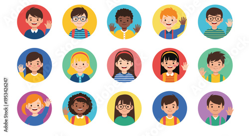 Collection of diverse children avatars featuring boys and girls with different ethnicities and hairstyles inside colorful circular frames.