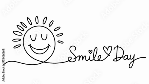 Smiling sun with heart and smile text continuous one line drawing black line art on white background symbolizing happiness and positivity in a minimalist style