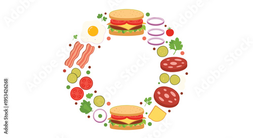 Circular arrangement of food ingredients including burgers, bacon, eggs, tomatoes, onions, pickles, and cheese on a white background.