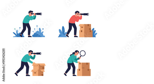 People searching and exploring using binoculars and a magnifying glass while looking into cardboard boxes in various poses and settings.