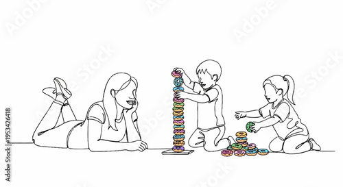 Family playing with colorful blocks on the floor together happy children building tower
