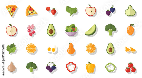 Healthy Food Icon Set: Flat Vector Illustrations of Fresh Fruits, Vegetables, Organic Greens, and Nutritious Ingredients for Wellness and Diet Design.