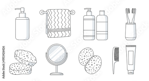 Set of bathroom accessory line drawings featuring soap dispensers, towels, shampoos, toothbrushes, sponges, a mirror, and hair care items.