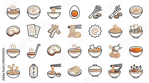 Ramen and Japanese noodle soup icon set in minimalist linear style. A collection of icons including ramen, bowl, noodles, chopsticks, nori, gyoza, lantern and more. Editable stroke, ramen, food, soup.