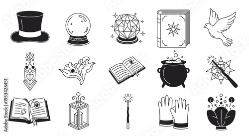 Collection of magic and mystical icons including a top hat, crystal ball, spell book, cauldron, magic wand, and a white dove.