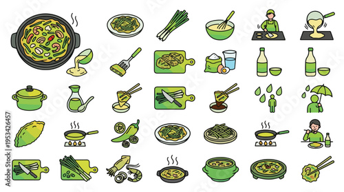 Korean Pajeon Scallion Pancake Icons in Linear Style. A collection of food preparation icons, including seafood, cooking, eating, rice wine, kitchen tools, ingredients, and more. Vector graphic.