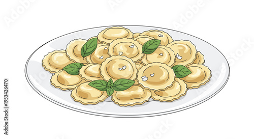 Delicious plate of freshly cooked ravioli pasta garnished with fresh basil leaves and grated parmesan cheese on a white plate.