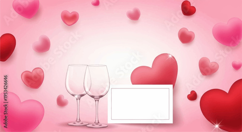 Two empty wine glasses on pink background with hearts for valentine's day celebration or romantic dinner