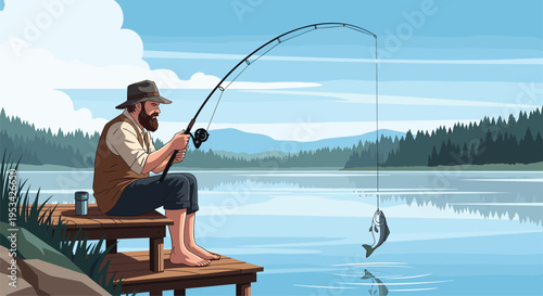Fisherman sitting peacefully on a wooden pier by a calm lake while successfully catching a fish in a beautiful forest landscape.