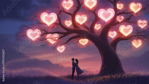 Romantic digital illustration of a couple under a heart lit tree at sunset with dreamy atmosphere and vibrant purple sky