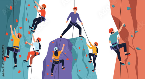 Diverse group of people practicing rock climbing on various indoor artificial walls with colorful holds and safety ropes.