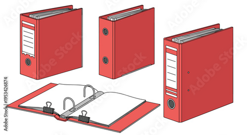 Set of red office ring binders in different perspectives including one open with documents and metal clips on a white background.