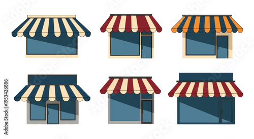 Set of shop front facades with striped awnings in various colors like blue, red, and orange over large display windows.