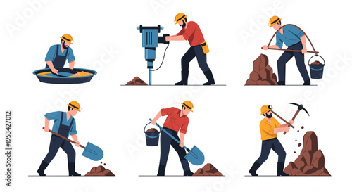 Hardworking miners wearing safety gear and using various industrial tools like pickaxes, shovels, and jackhammers to dig.
