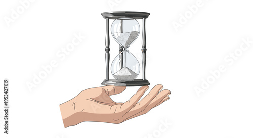 Human hand holding a classic glass hourglass with white sand flowing through it, symbolizing the concept of time passing.