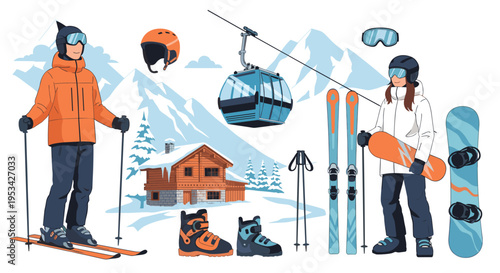 Large collection of winter sports equipment and characters featuring skiers, snowboarders, a cabin, and a mountain gondola.